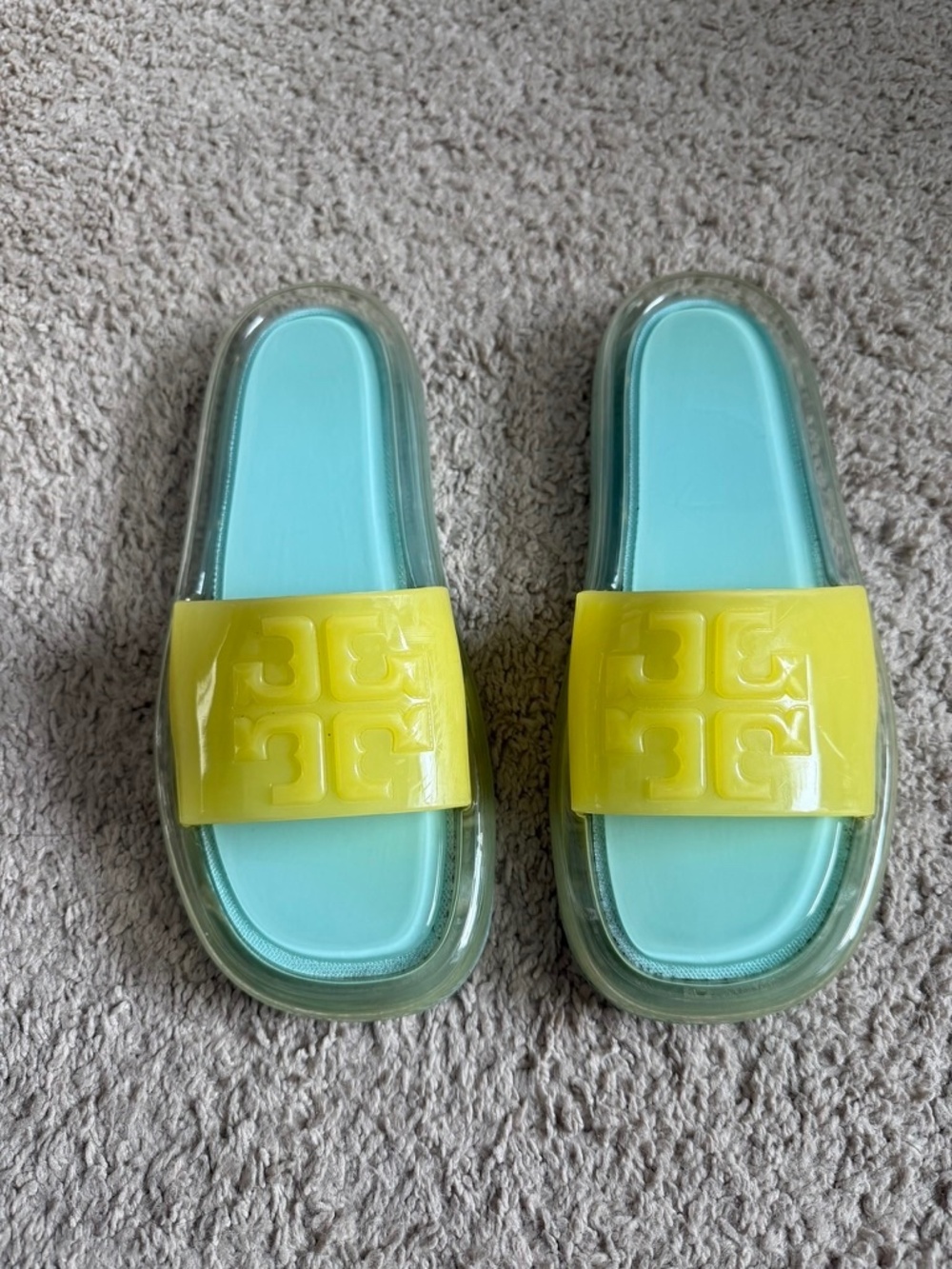 Tory Burch Bubble Jelly Slide Sandals Womens Size 7 B Yellow Blue Logo